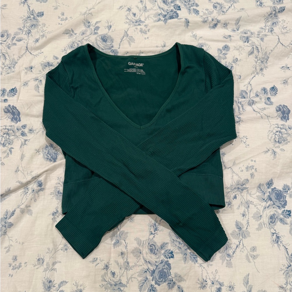 Garage Teal Ribbed V-Neck Top
